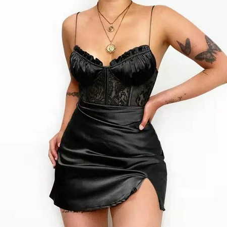 Women Solid Sexy Club Hollow Out Sleeveless Adjustable Strap Zipper Slit Mini Dress Black S | Walmart (US)