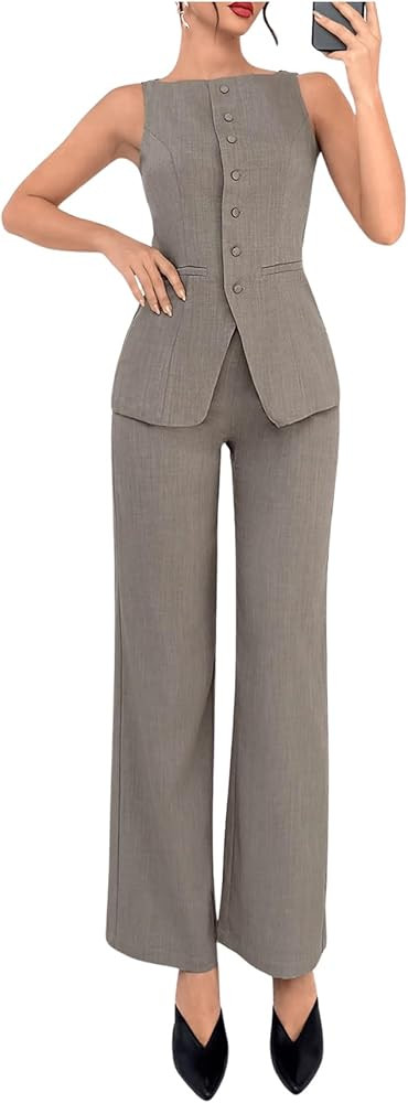 SOLY HUX Women's 2 Piece Business Casual Outfit Button Down Boat Neck Sleeveless Vest and Pants S... | Amazon (US)