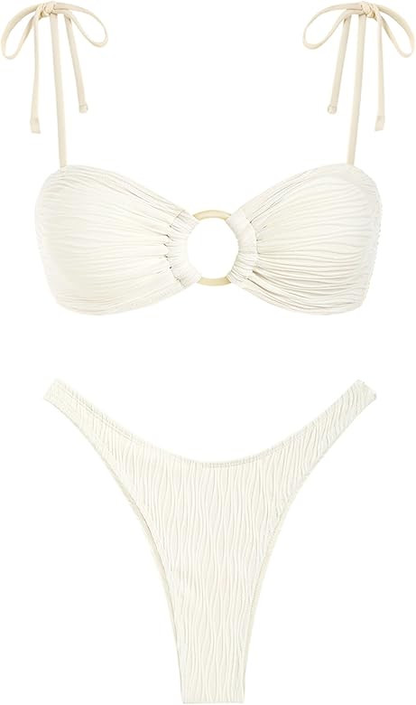 ZAFUL Women's Sexy Tie Spaghetti Strap Bikini Textured O Ring Ruched High Leg Swimsuit Cheeky Bat... | Amazon (US)