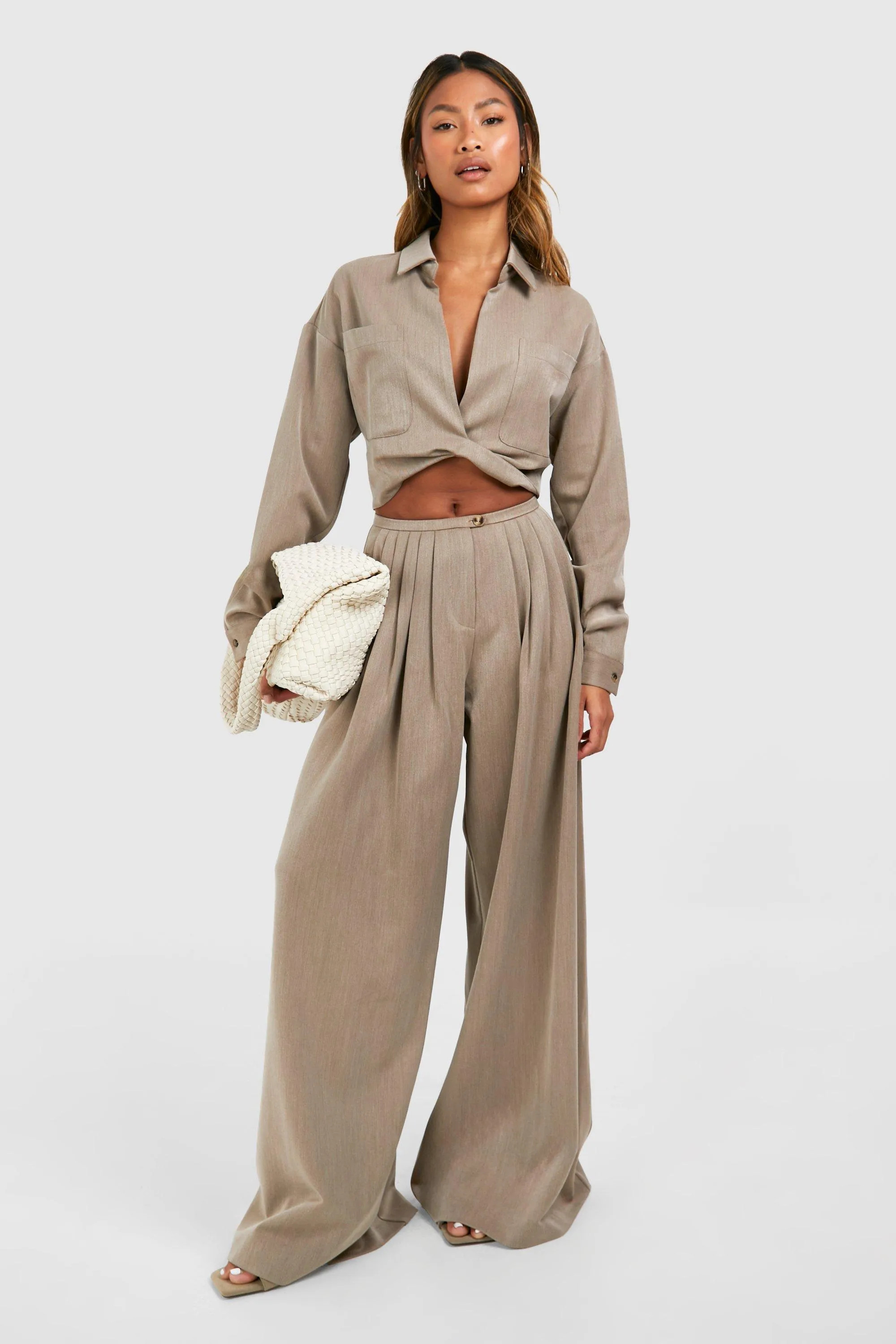 Taupe Low Rise Extreme Wide Leg Pleated Trouser | Boohoo USA | boohoo (US & Canada)