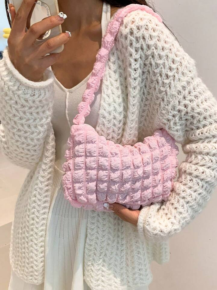 Cloud Folding Casual Minimalist Bag, Solid Color Bubble Embroidery Shoulder Bag | SHEIN