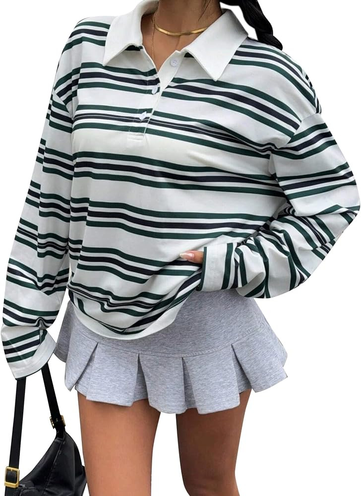 SOFIA'S CHOICE Oversized Striped Long Sleeve Rugby Shirts Women Polo V Neck Y2k Preppy Pullover T... | Amazon (US)