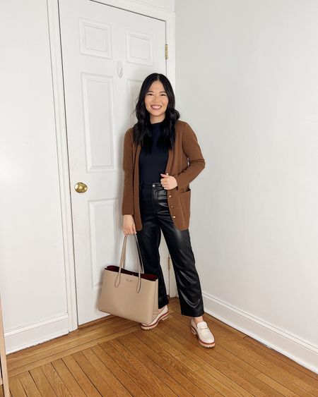 Brown cardigan (XXS)
J.Crew Gisele cardigan 
Black mock neck tank (XS/S)
Black faux leather pants (27P)
Taupe tote bag 
Kate Spade Bleecker tote bag
White chunky loafers  (TTS)
White loafers 
Smart casual outfit 
Business casual outfit 
Going out outfit 
Neutral outfit

#LTKSeasonal #LTKworkwear #LTKfindsunder100