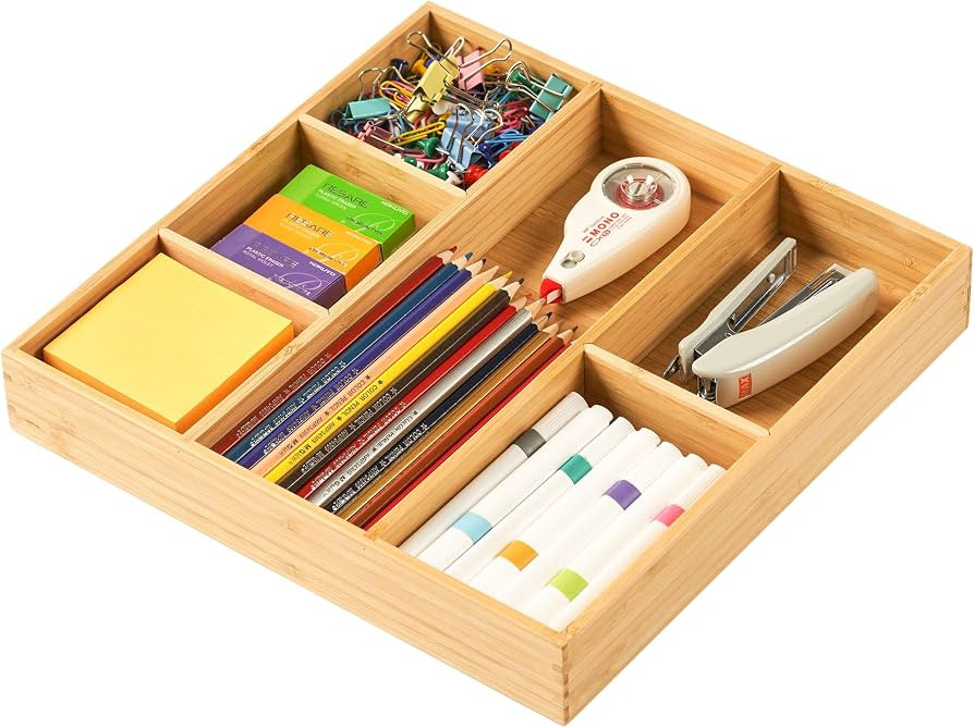 Bamboo Desk Drawer Organizer, Wood Office Junk Tray, 12"x12" | Amazon (US)