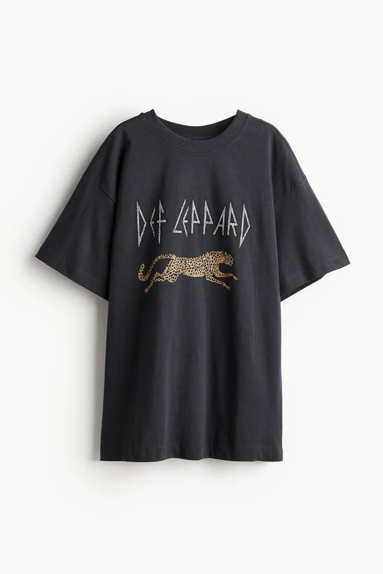 Long Printed T-shirt - Round Neck - Short sleeve - Dark gray/Def Leppard - Ladies | H&M US | H&M (US + CA)