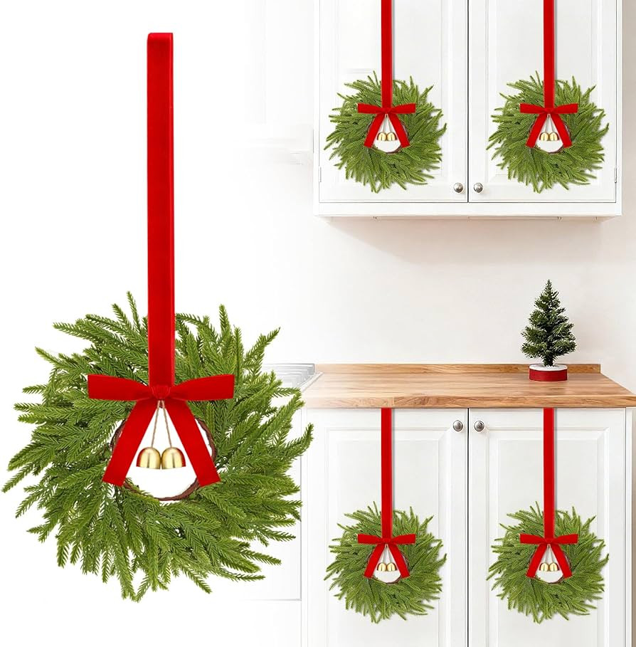 14in Christmas Mini Wreaths for Cabinets- 4pcs Small Christmas Wreaths for Kitchen Cabinets Decor... | Amazon (US)