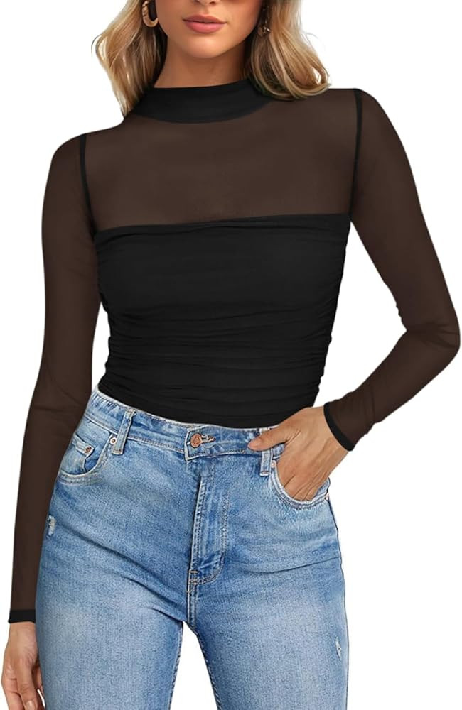 Poetsky Women's Sexy Sheer Long Sleeve Tops Mock Turtle Neck Mesh Ruched Fall Trendy Going Out Sh... | Amazon (US)