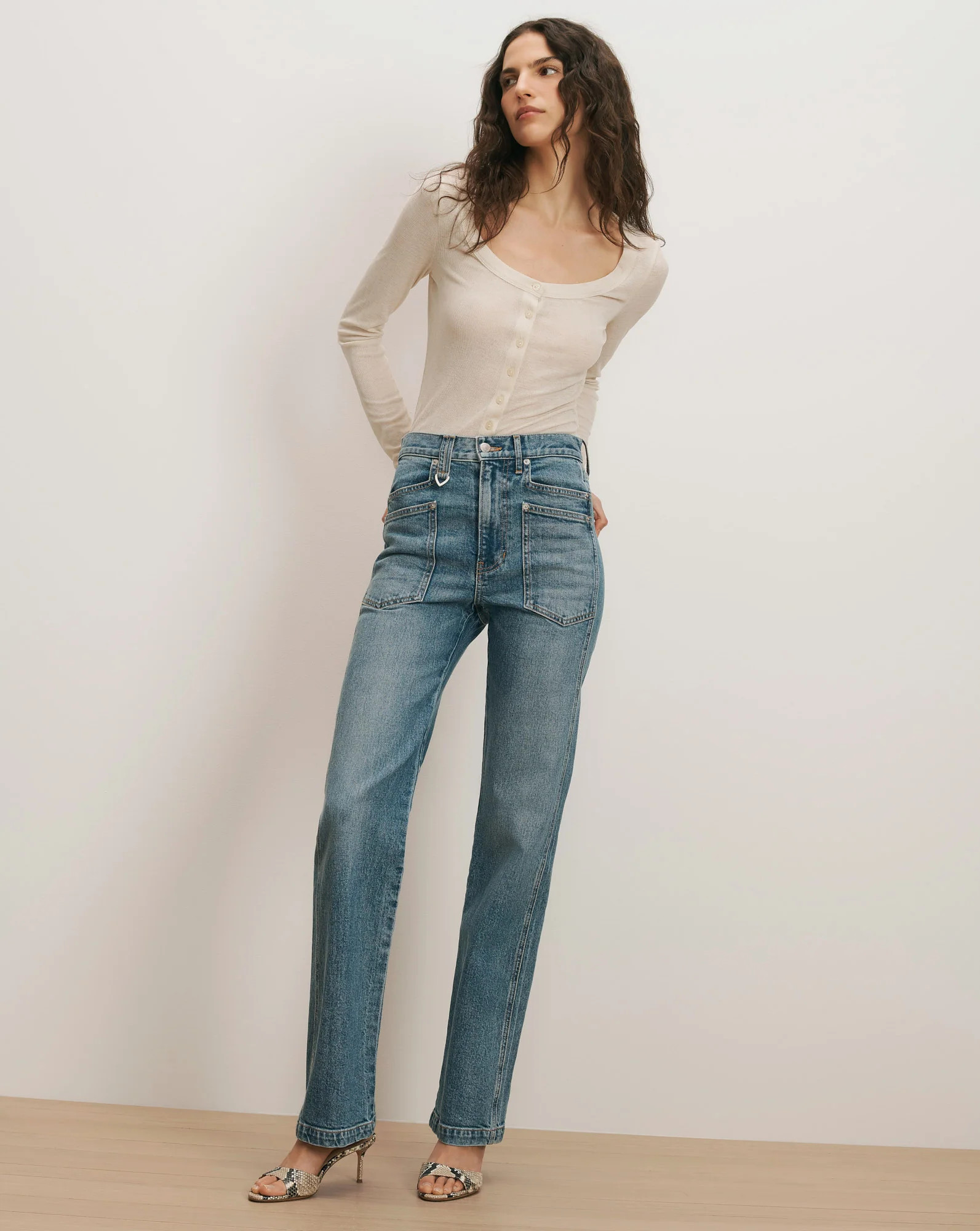 Dylan Patch-Pocket Straight-Leg Jean in Medium Blue Denim Orbit Glare | Veronica Beard | Veronica Beard