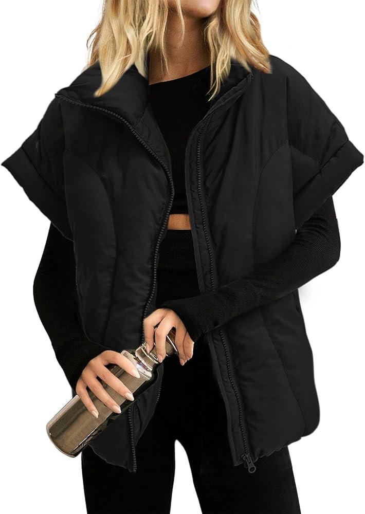 Womens Cropped Puffer Vest Oversized Padded Jackets Stand Collar Cap Sleeve Zip Up Vest Coat Wint... | Amazon (US)