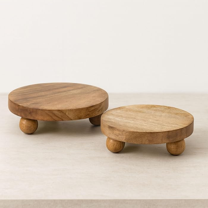 Set of 2 Round Wooden Riser Trays \u2013 Handcrafted Mango Wood Pedestal Stands \u2013 Rustic Dec... | Amazon (US)