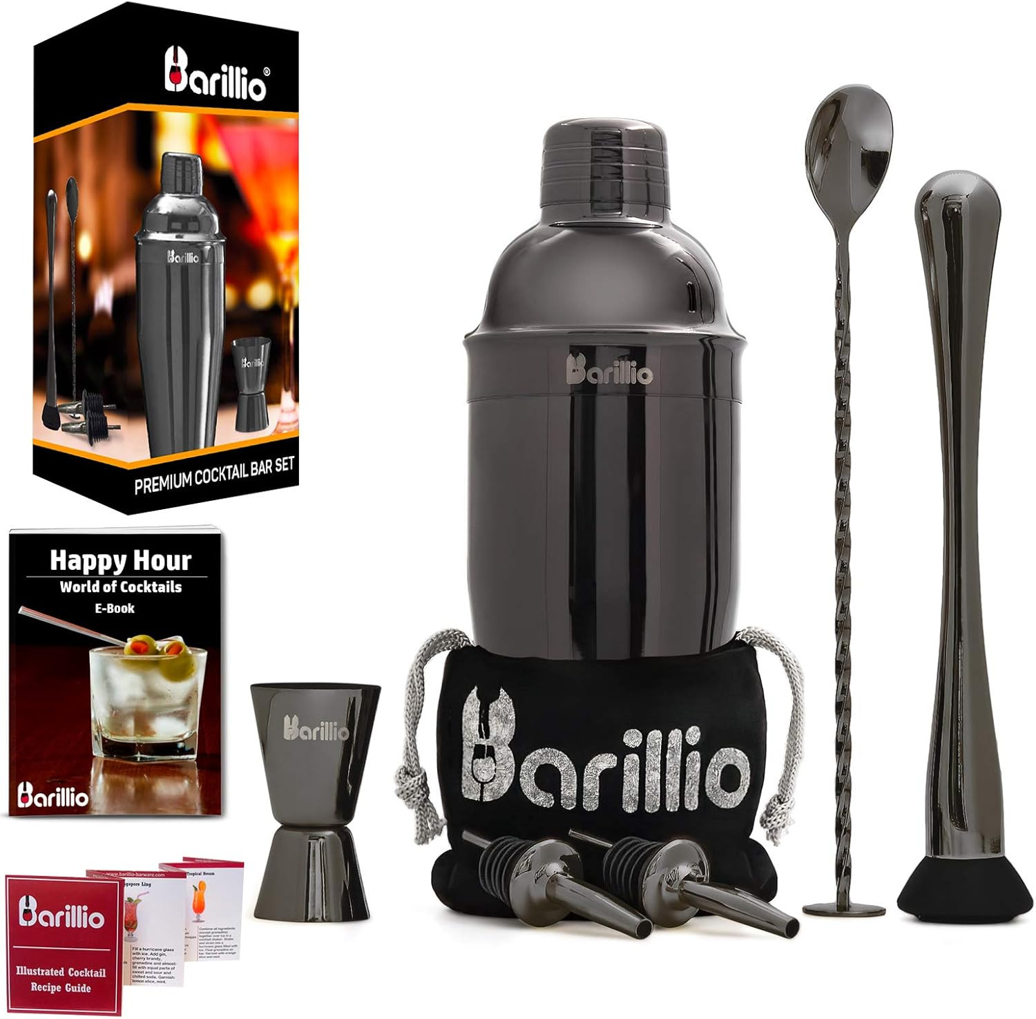 Black Cocktail Shaker Set Bartender Kit by BARILLIO: 24 oz Stainless Steel Martini Mixer, Muddler... | Amazon (US)