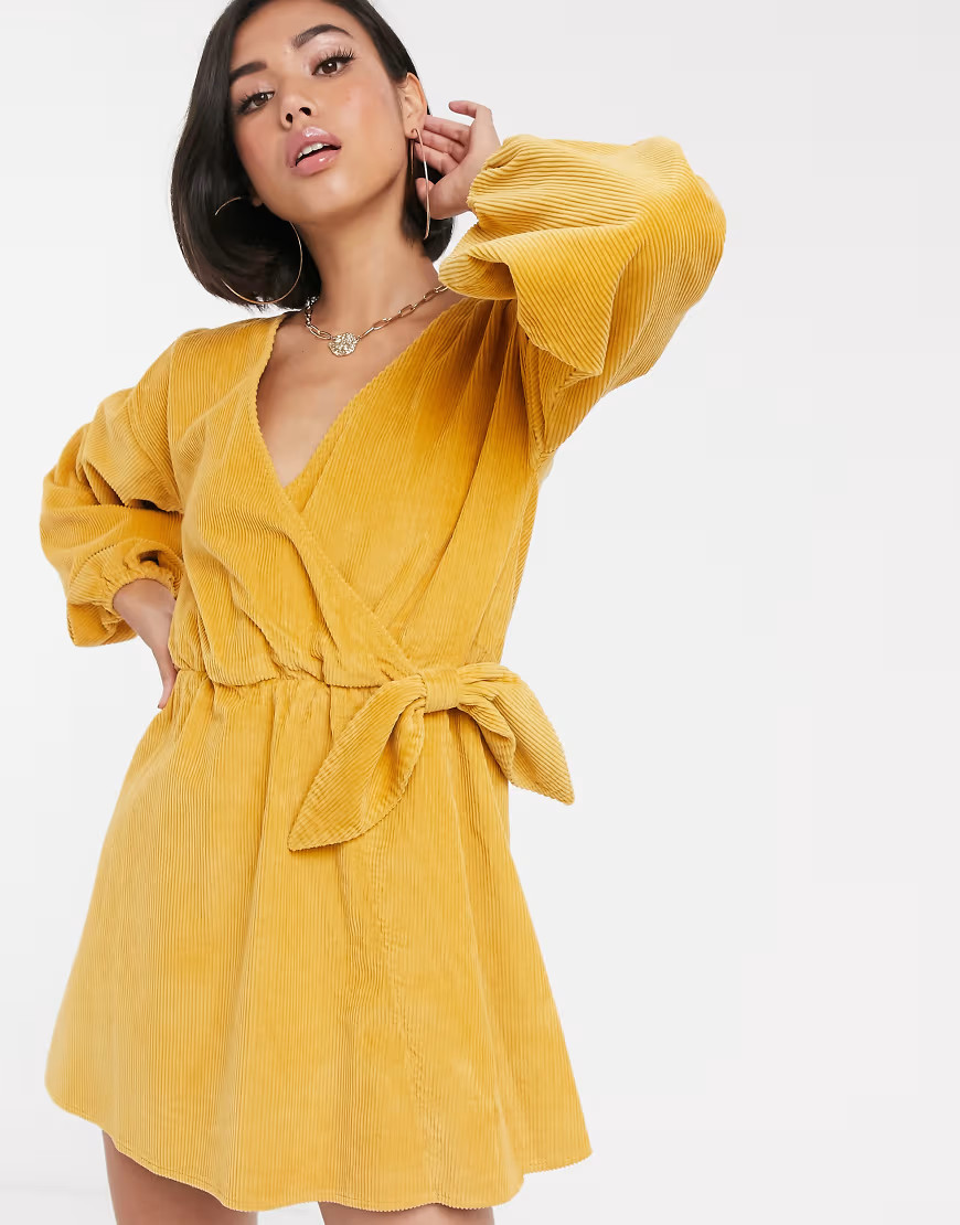 ASOS DESIGN cord wrap smock mini dress in marigold-Orange | ASOS (Global)