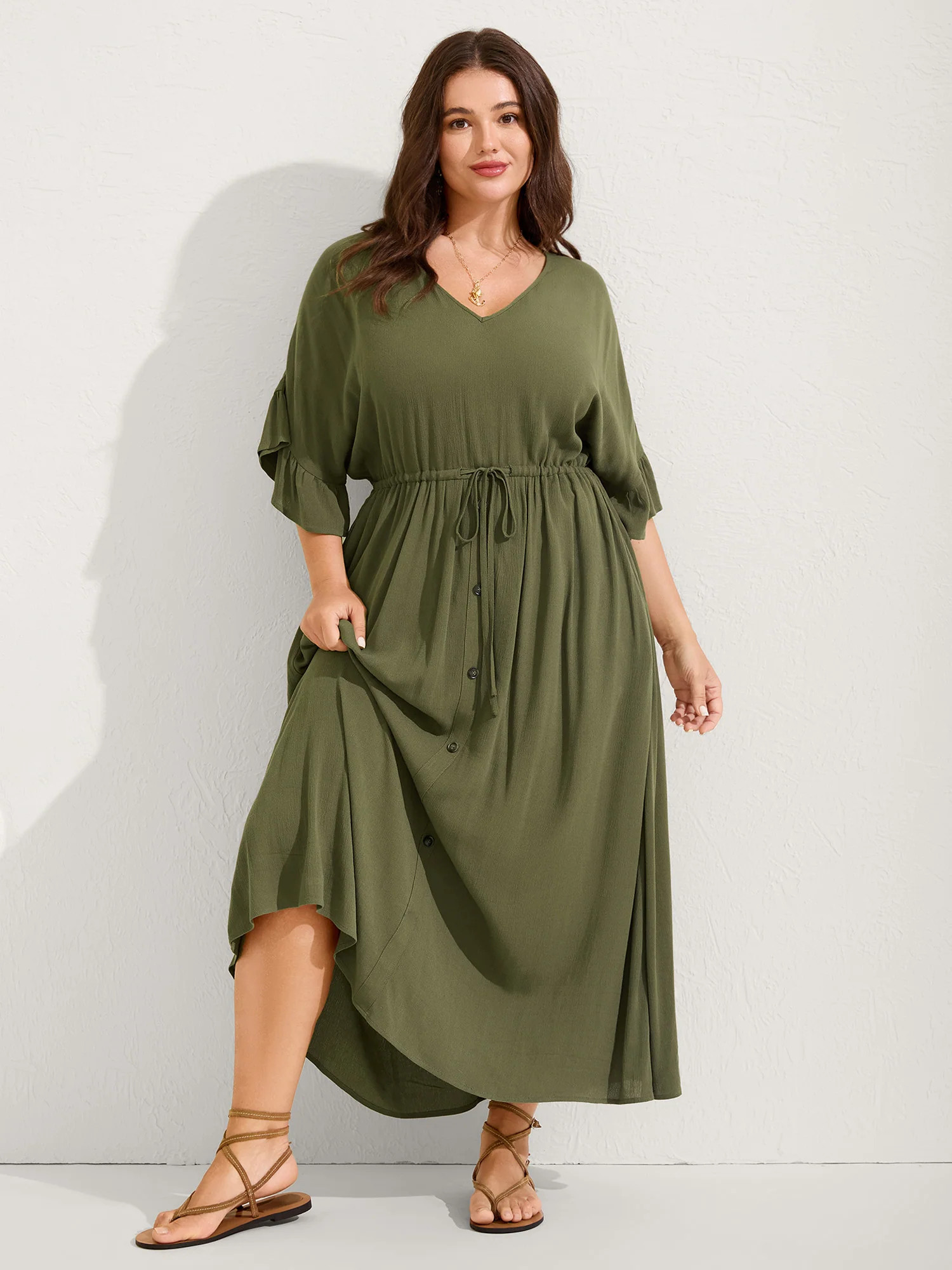Waist-Defining Tie Ruffled Sleeve Midi Dress | Bloomchic