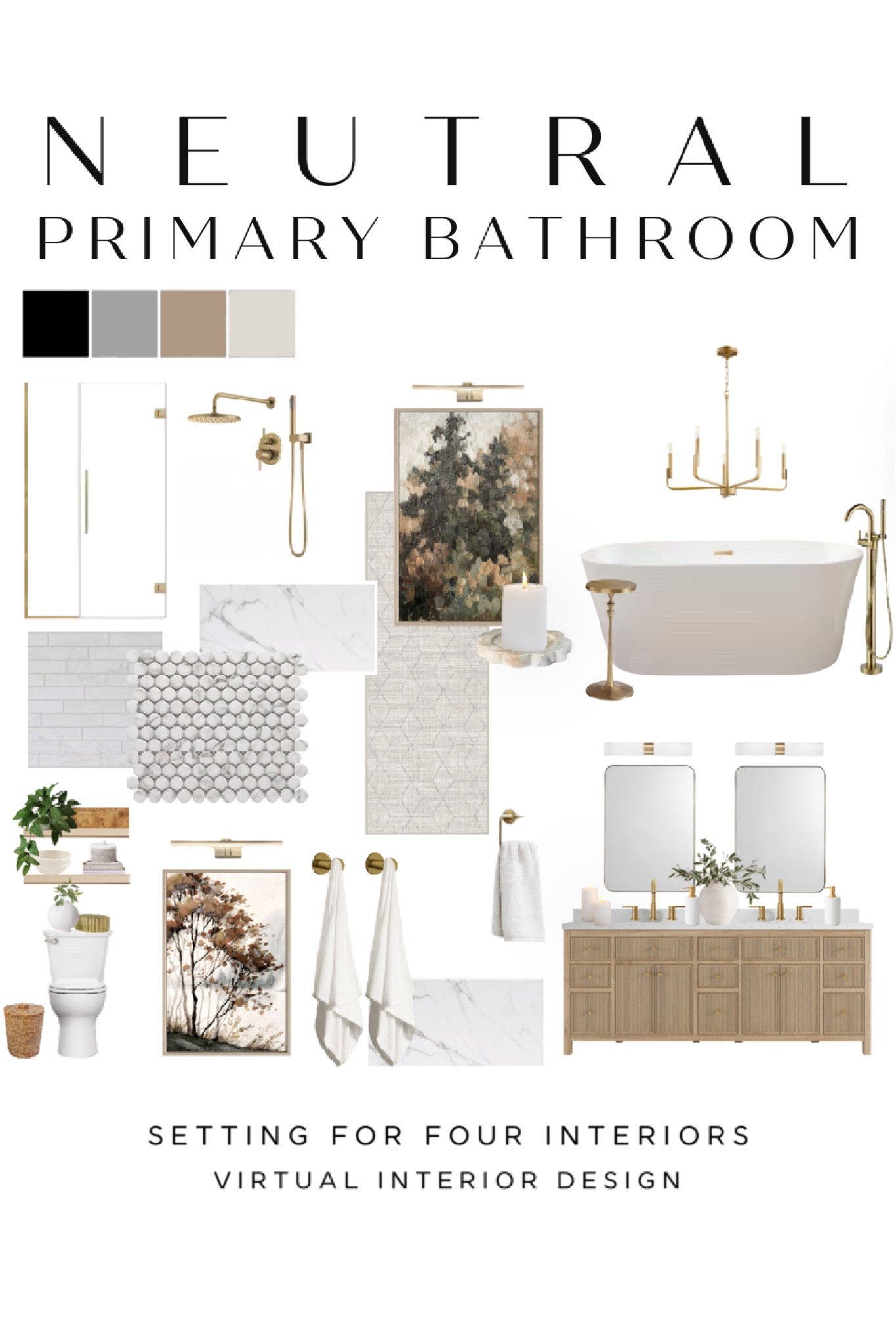 Neutral bathroom design and decor ideas.

Organic modern, transitional, earthy, natural, beige, white, black, green, brass, wood, marble, white oak, vanity, bathroom mirror, bathroom sconce, faucet, landscape art, tub, pendant light, tile, shelves, bathroom decor, bathroom tile, penny tile, McGee, Amazon, target

#LTKHome #LTKSaleAlert #LTKFindsUnder50
