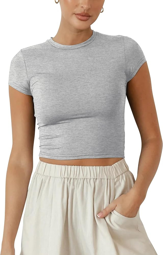 BAIGRAM Women Slim Fit Cap Sleeve Round Neck Crop Tee Top Basic Solid Form Fitting Stretchy Tshir... | Amazon (US)