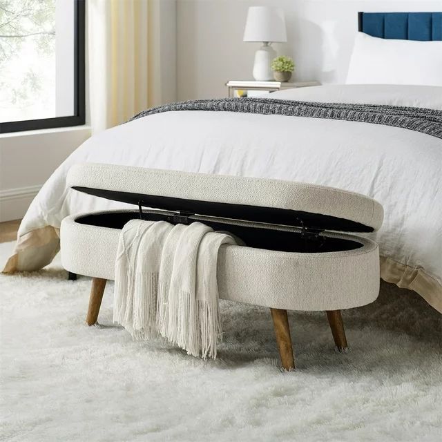 Oval Storage Bench 43.5" Modern Linen Fabric Upholstered Entryway Bench with Rubber Wood Legs Ott... | Walmart (US)