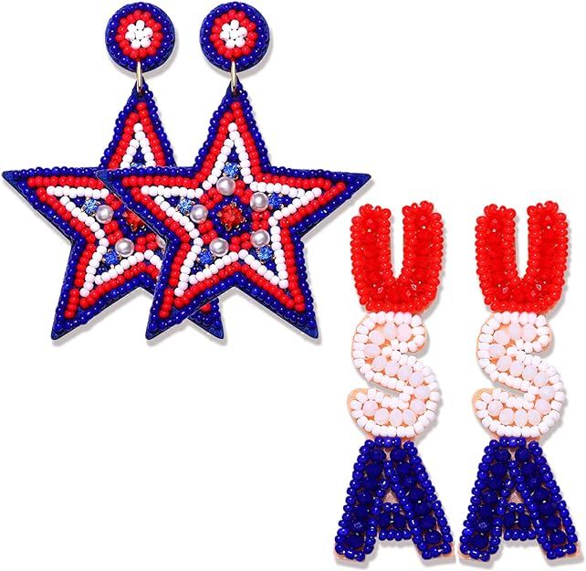 2 Pairs Patriotic Earrings 4th of July Earrings for Women Beaded Letter USA Dangle Earrings Indep... | Amazon (US)