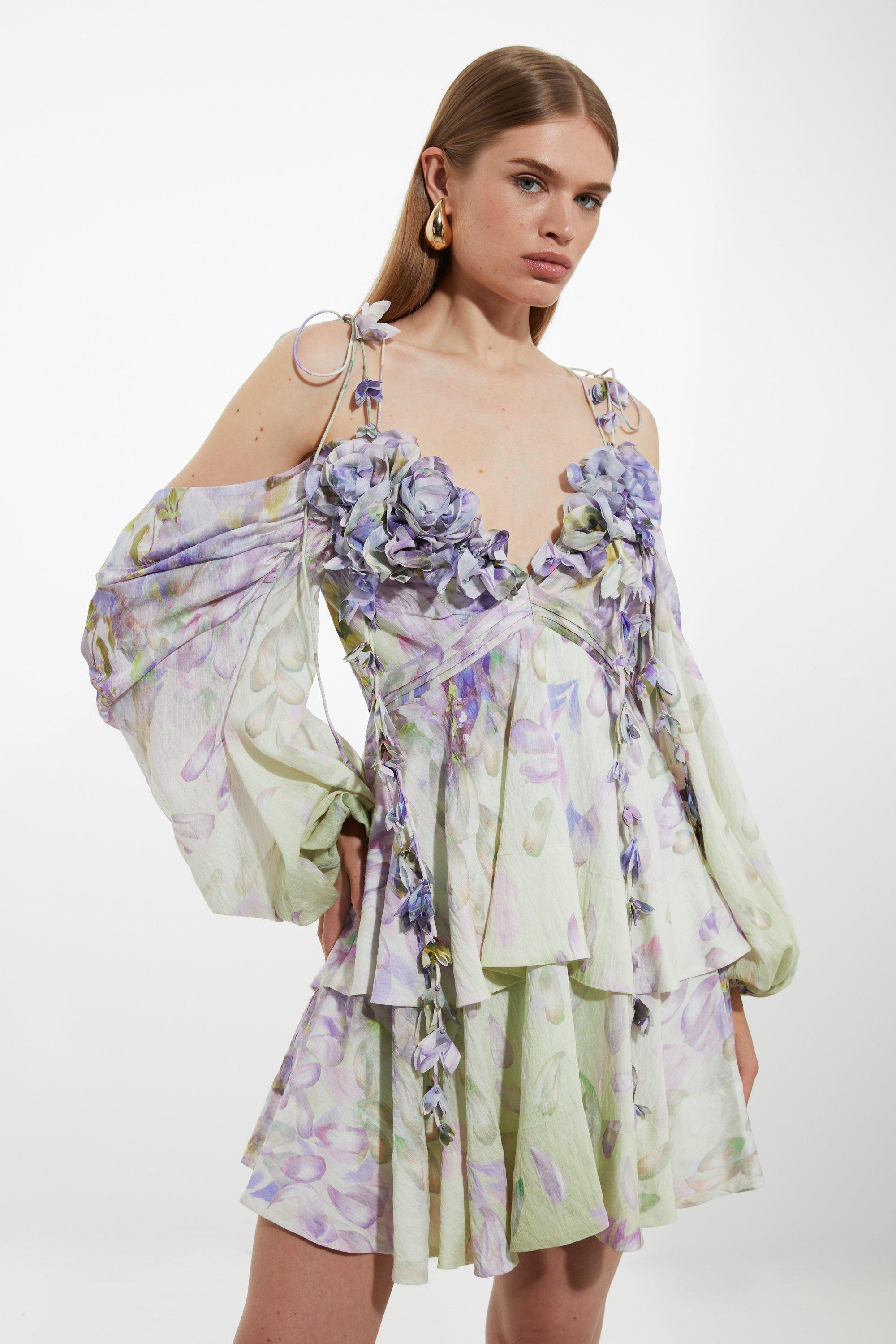 Floral Applique Woven Cold Shoulder Woven Mini Dress | Karen Millen US