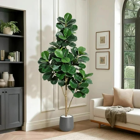 7FT Artificial Fiddle Leaf Fig Tree with 48 Leaves in 9" Grey Planter, Realistic Faux Ficus Lyrata Indoor Plant for Home Office Living Room Decor | Walmart (US)