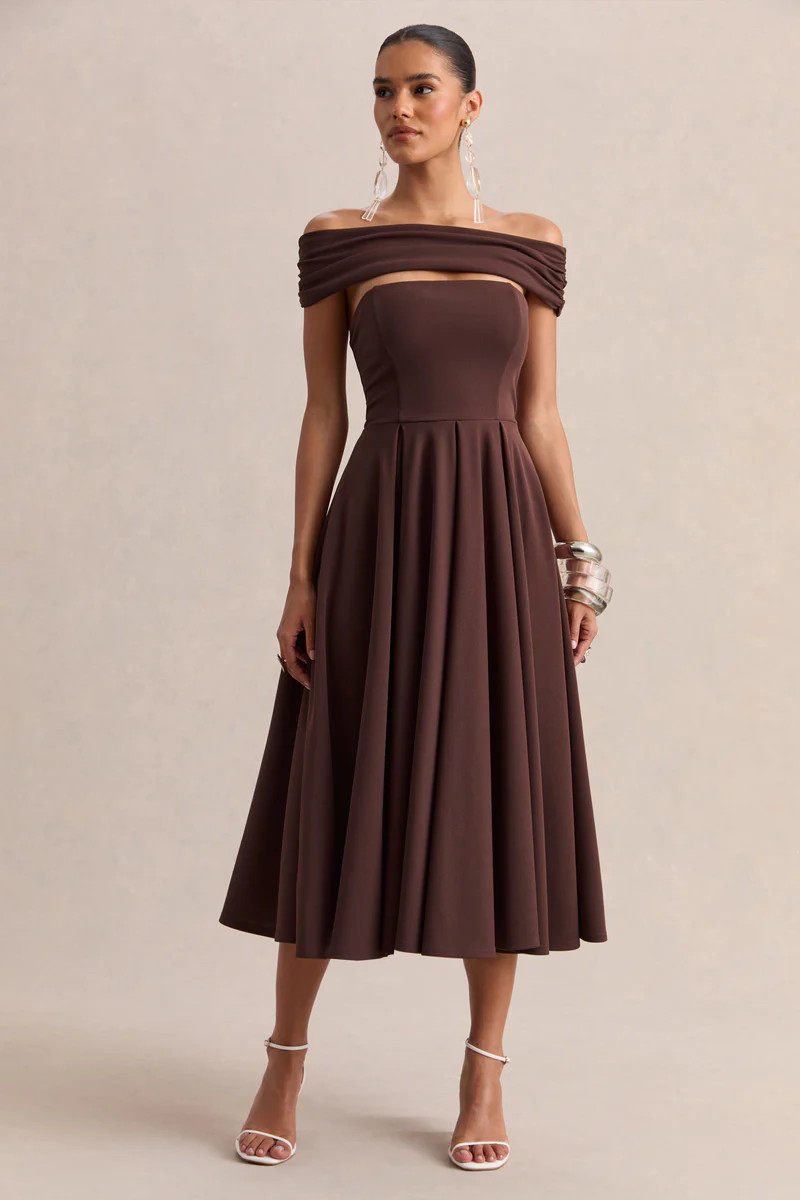 Mavina  Brown Bardot-Neck Midi Dress | Club L London