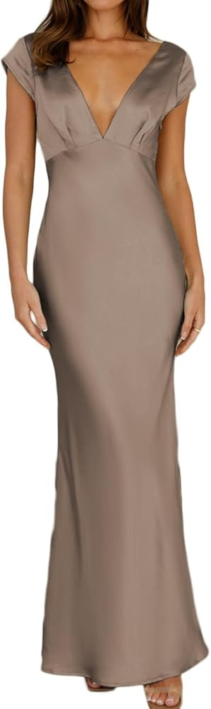 Halfisland Womens Summer Satin V Neck Cap Sleeve Backless Maxi Dress Elegant Twist Cut Out Midi D... | Amazon (US)