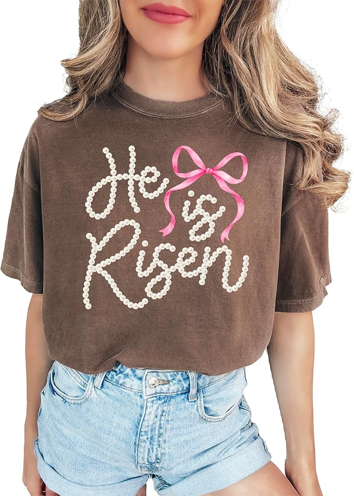 He is Risen Christian Shirt for Women - Pearl Bow Easter Faith Graphic Tee | Amazon (US)