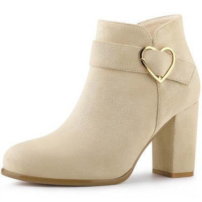 BLISSFUL STEP Women's Buckle Side Zip Chunky Heels Ankle Booties Beige 9 | Target