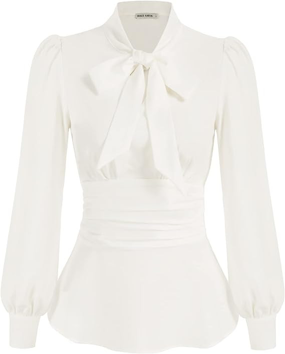 GRACE KARIN Women's 2025 Long Sleeve Peplum Dressy Shirt Office Bow Tie Work Blouses Tops Smocked... | Amazon (US)