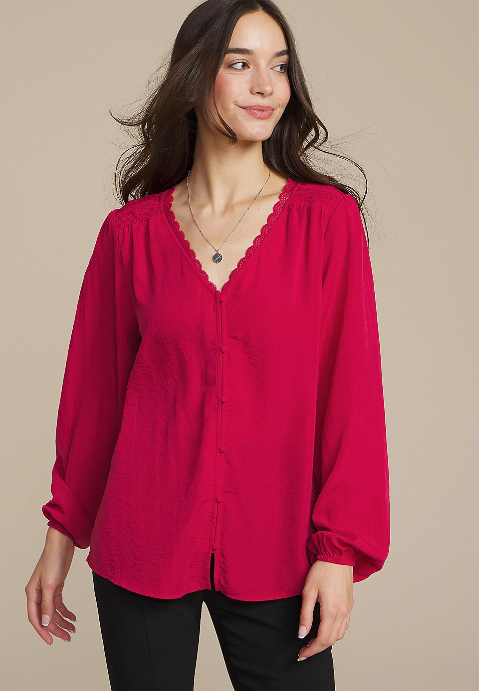 V Neck Lace Button Front Blouse | Maurices