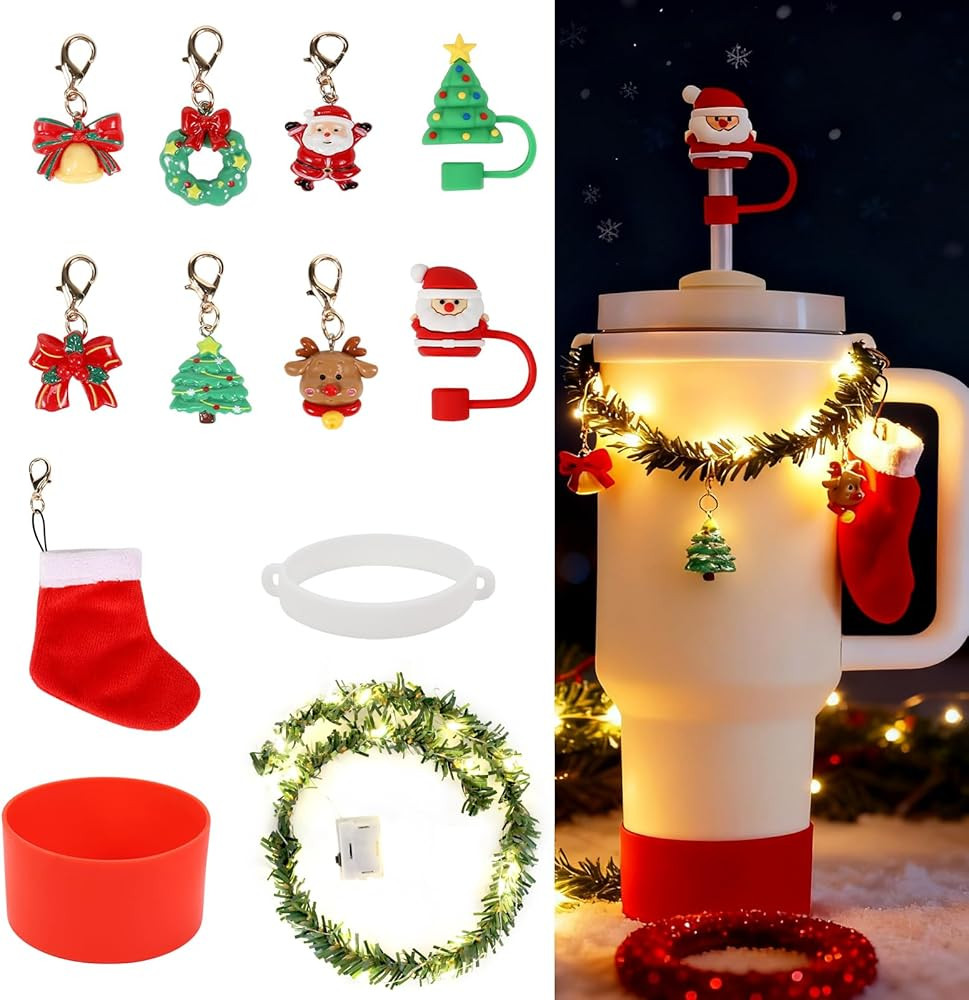 12Pcs Christmas Stanley Cup Accessories Set Including Light Up Christmas Garland, Straw Toppers, ... | Amazon (US)