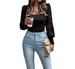 Angashion Womens Blouses Casual Long Sleeve Shirts Square Neck Tops for Women Off Shoulder Sexy Slim | Amazon (US)