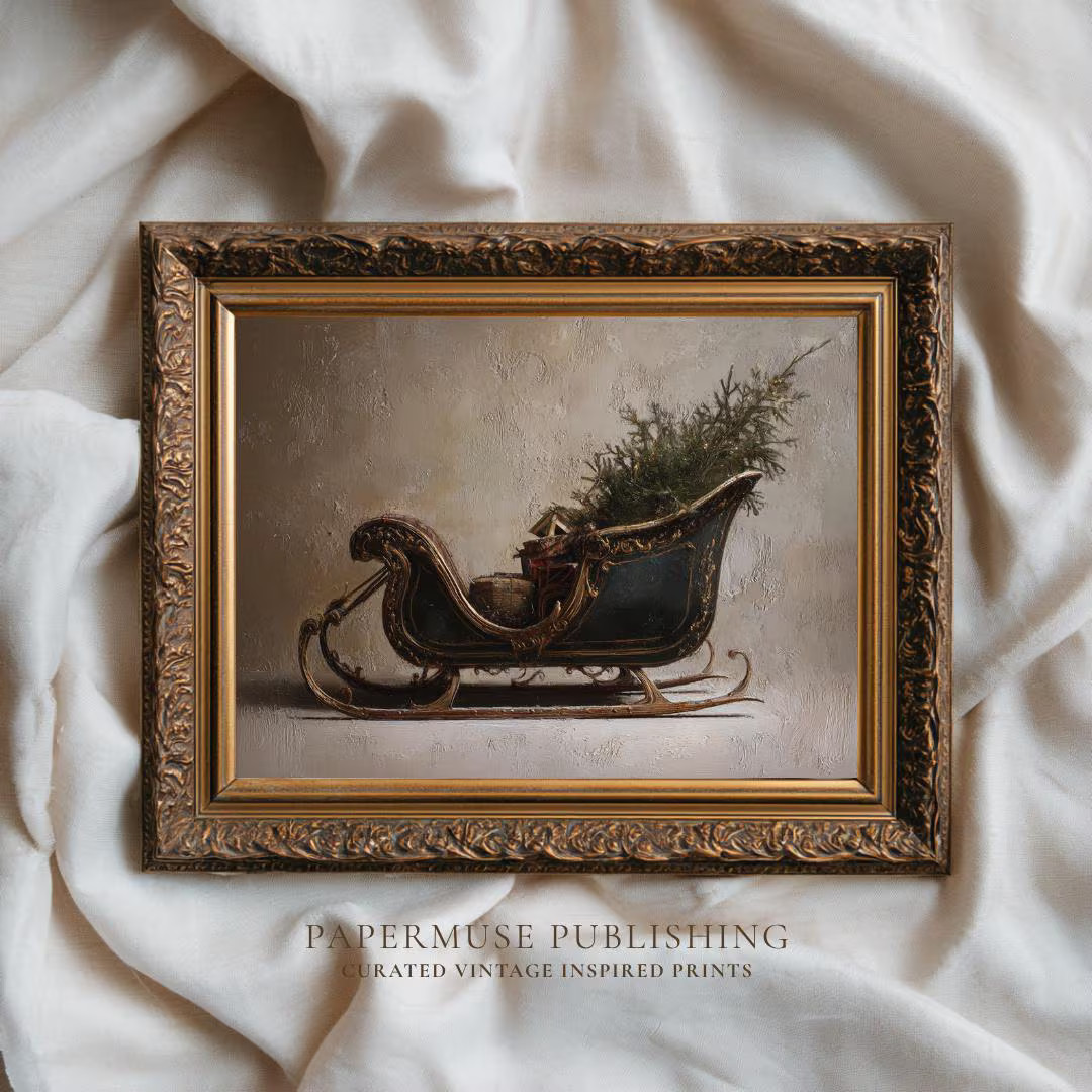 Victorian Sleigh Art Print, Vintage Christmas Home Decor, Old Fashioned Winter Carriage Painting,... | Etsy (US)