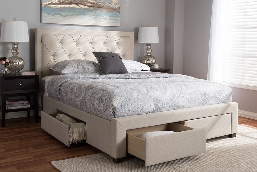 Baxton Studio Aurelie Modern And Contemporary Light Beige Fabric Upholstered Queen Size Storage B... | 1stopbedrooms