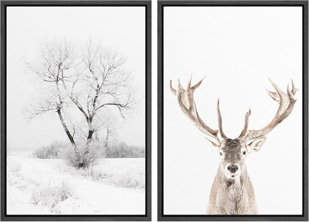 wall26 Framed Canvas Wall Art Print Set Winter Forest Tree and Brown Mountain Deer Portrait Natur... | Amazon (US)