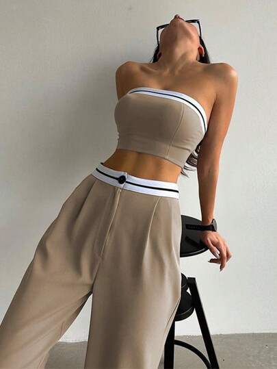 SHEIN ChicEase Women's Colorblock Bandeau Top And Wide Leg Pants Set | SHEIN