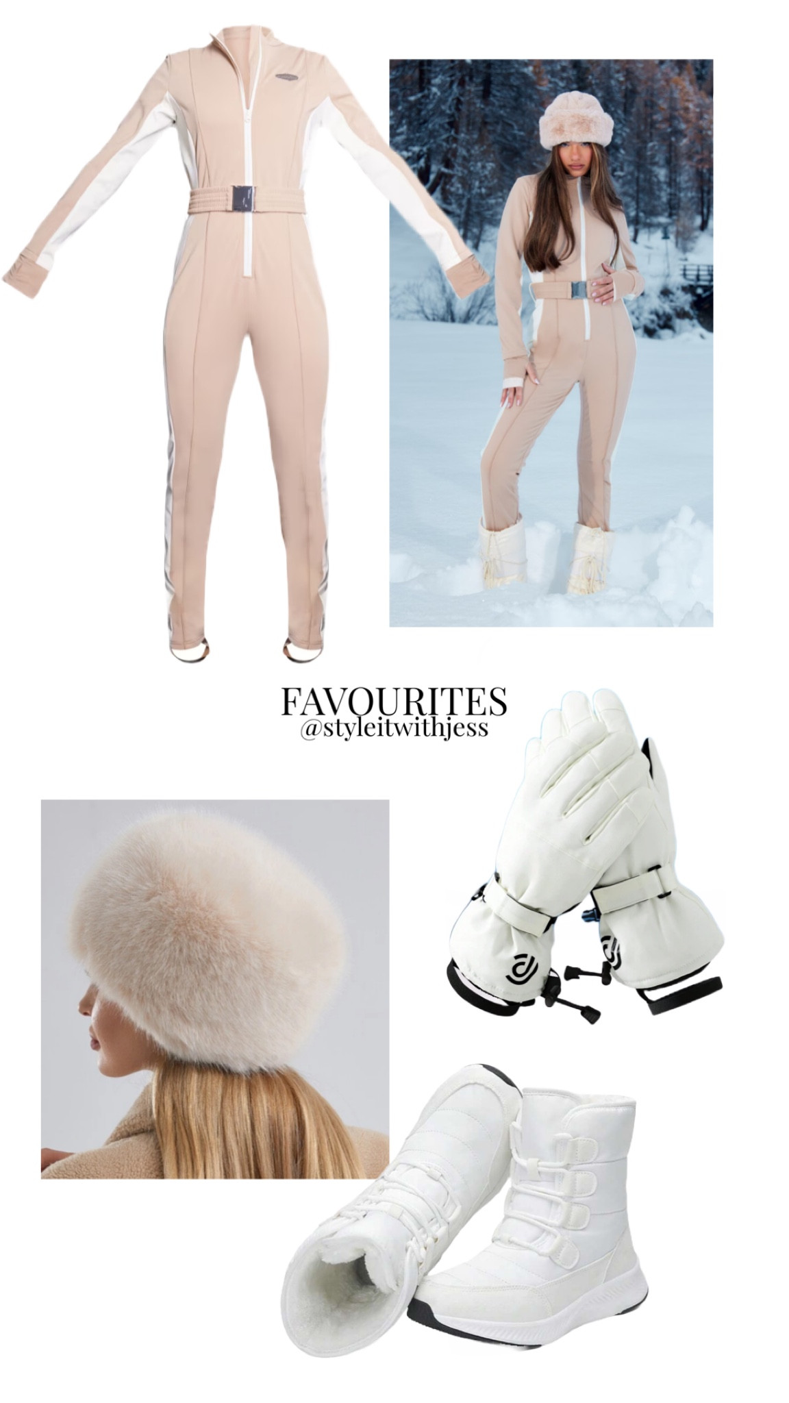 Ski Outfit 🎿❄️ Beige Belted Fitted Scuba Suit, Cossack Style Fluffy Winter Hat, Ski Gloves, Winter Snow Boots 

#LTKstyletip #LTKtravel #LTKSeasonal