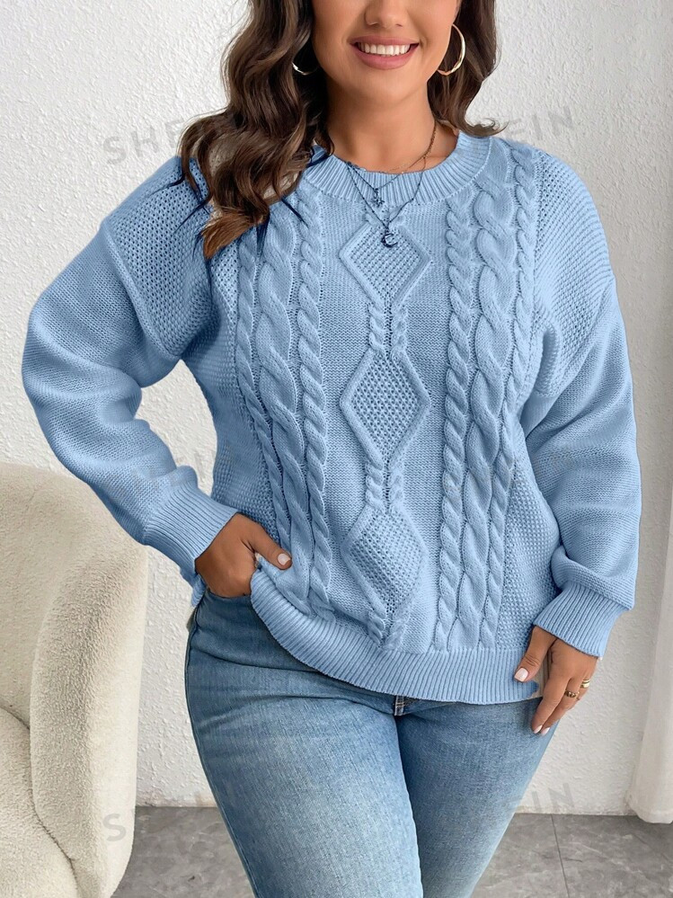 Plus Size Women Casual Solid Color Cable Knit Drop Shoulder Loose Pullover Sweater, For Winter | SHEIN