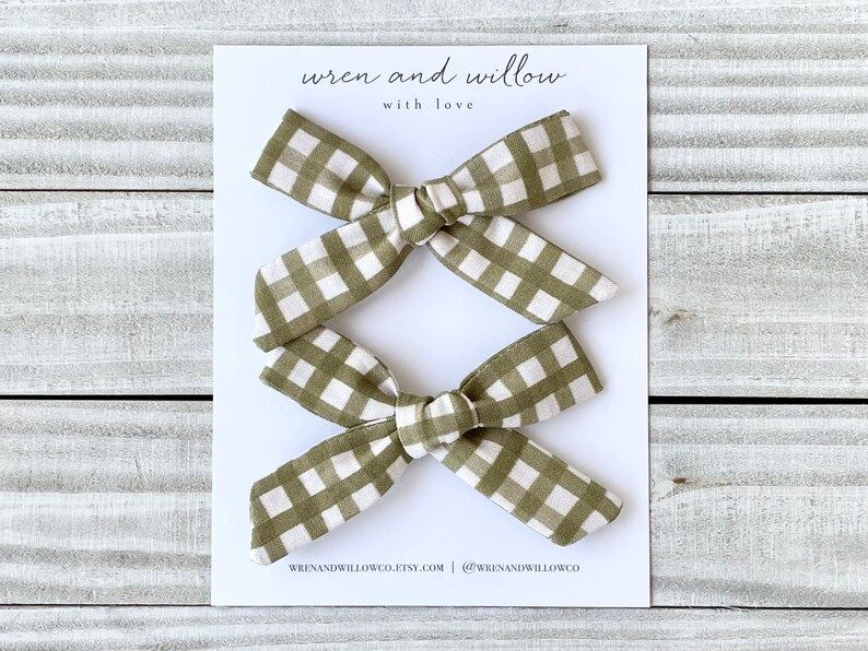 Olive Gingham Piggy Bows  Cotton Hair Bows  Autumn Fall | Etsy | Etsy (US)