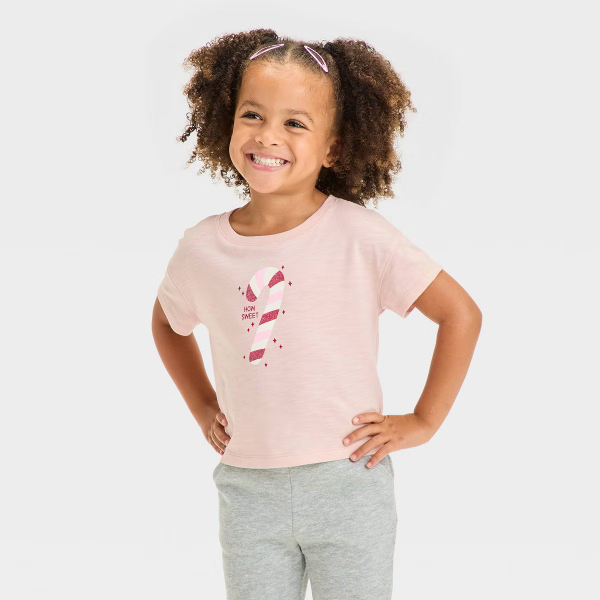 Toddler Girls' Christmas Boxy Candy Cane Graphic T-Shirt - Cat & Jack™ Pink 12M | Target