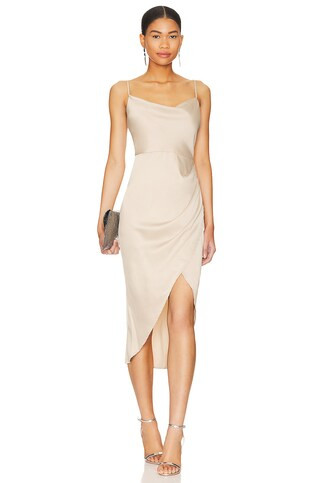 MORE TO COME Adonia Wrap Midi Dress in Nude from Revolve.com | Revolve Clothing (Global)