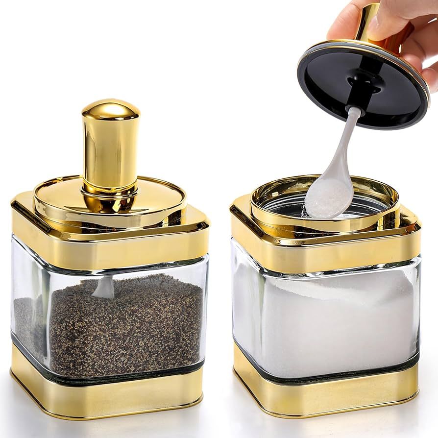 2 Pack Glss Condiment Pot, 12 Ounce Gold Spice Jars with Spoon, Seasoning Box Set Salt Container,... | Amazon (US)