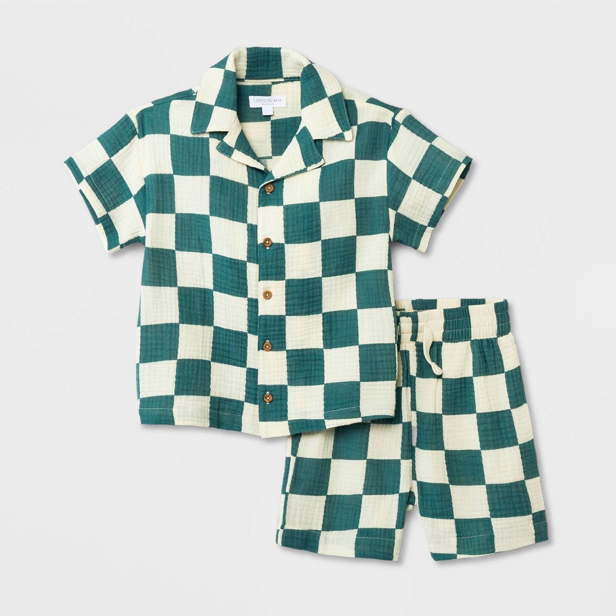 Grayson Mini Toddler Boys' Short Sleeve Checkered Button-Down Shorts Set - Green 5T | Target