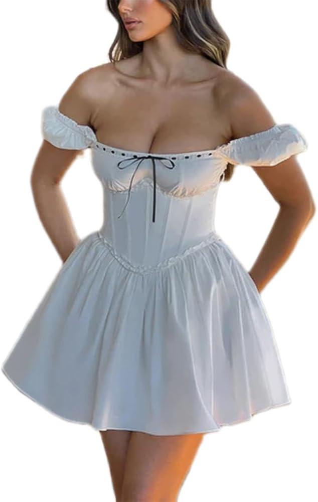 Womens Summer Dresses Y2k Short Puff Sleeve Flowy Graduation Dress Lace Peplum Off The Shoulder M... | Amazon (US)