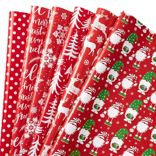 RUSPEPA Red Kraft Christmas Wrapping Paper Sheets, Red Gnome, Reindeer, Trees, Snowflakes & Dots Design, Holiday Kraft Gift Wrap for Xmas Gifts, Holiday, Crafts, 6 Folded Sheets, 19.68 X 27.5 Inch | Amazon (US)