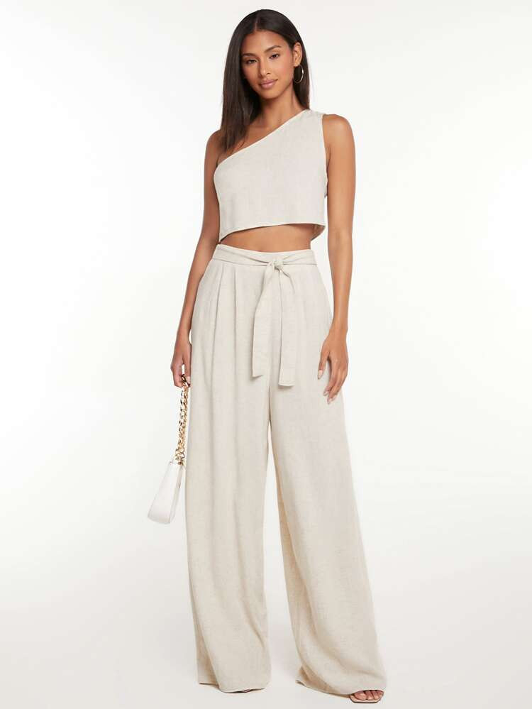 SHEIN Tall One Shoulder Crop Top & Tie Front Wide Leg Trousers | SHEIN