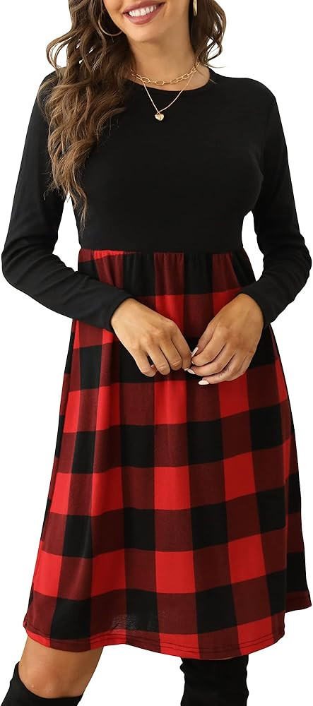 PALINDA Women's Plaid Long Sleeve Empire Waist Pleated Loose Swing Casual Flare Midi Dress with B... | Amazon (US)