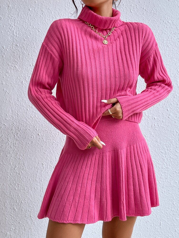 Turtleneck Drop Shoulder Sweater & Knit Skirt | SHEIN