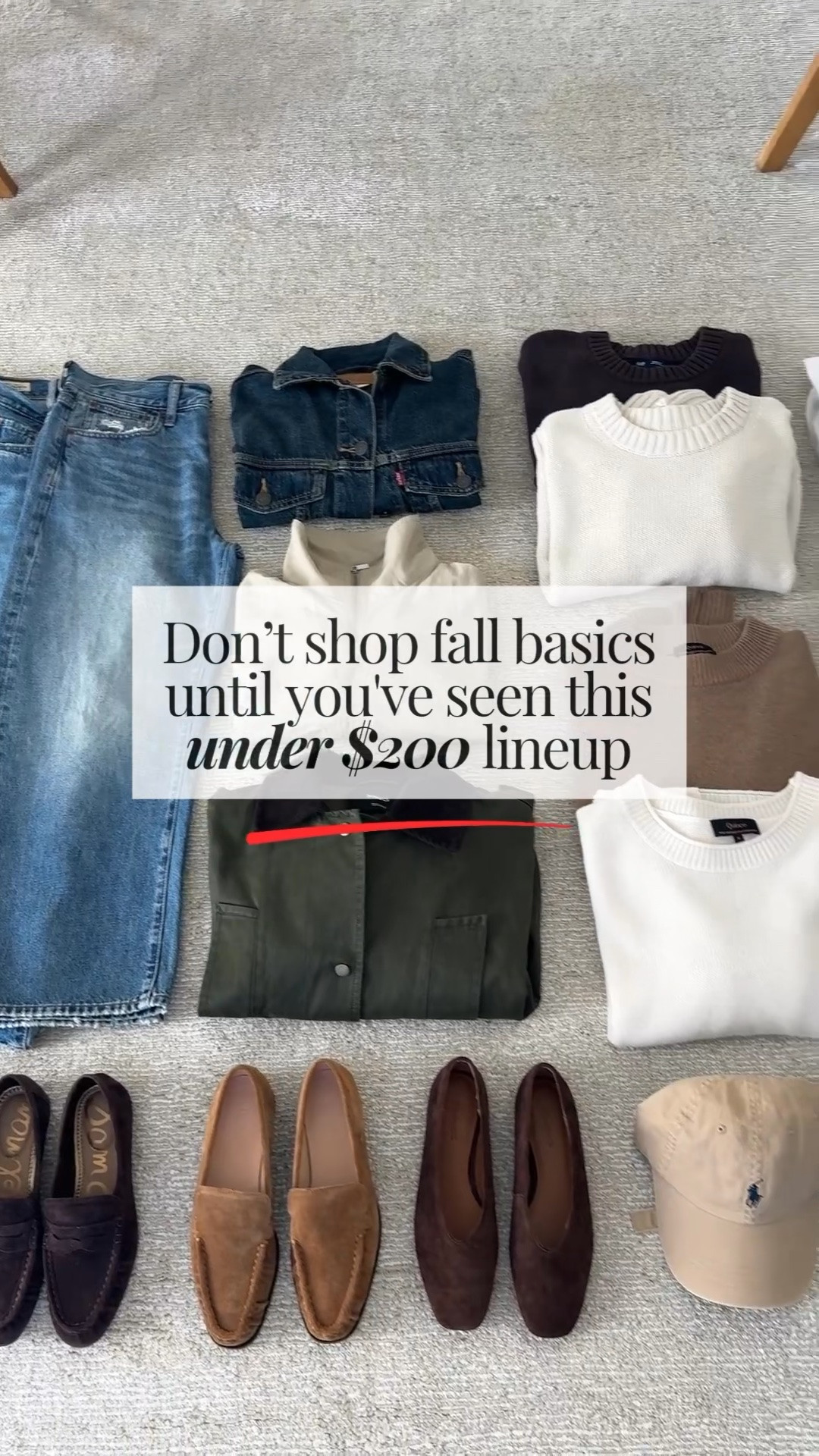 Fall basics Under $200. All of these items I own and recommend. 

Outerwear
Banana Republic Factory trench coat petite small -
Levi's denim jacket xs 
Zara windbreakers xs 
Mango green jacket xs 

Jeans
Everlane Sailor Wide Leg jeans 25 (cut hems) 
Levi's 90's Ankle 25 
Madewell barrel jeans petite 25 

Sweaters
Gap crop sweater brown petite small 
Gap crop sweater cream petite small 
Quince oversized cashmere sweater xs 
Quince cashmere boxy sweater small but I need the xs 

Tops
Gap Big Shirt petite xs 
Madewell denim crop shirt small - szie up!
Aritzia long sleeve small but could wear the xs -
Artizia white tee medium 

Bags
Quince suede tote
Quince leather bucket bag small
J.Crew suede shoulder bag
Amazon sling bag 

Shoes
Quince sneakers 6  - size up!
Sam Edelman loafers 5 
J.Crew loafers 5 
Madewell flats 5 

Hats
Polo Ralph Lauren hat chino style

#LTKmomlife #LTKPetite #LTKOver40