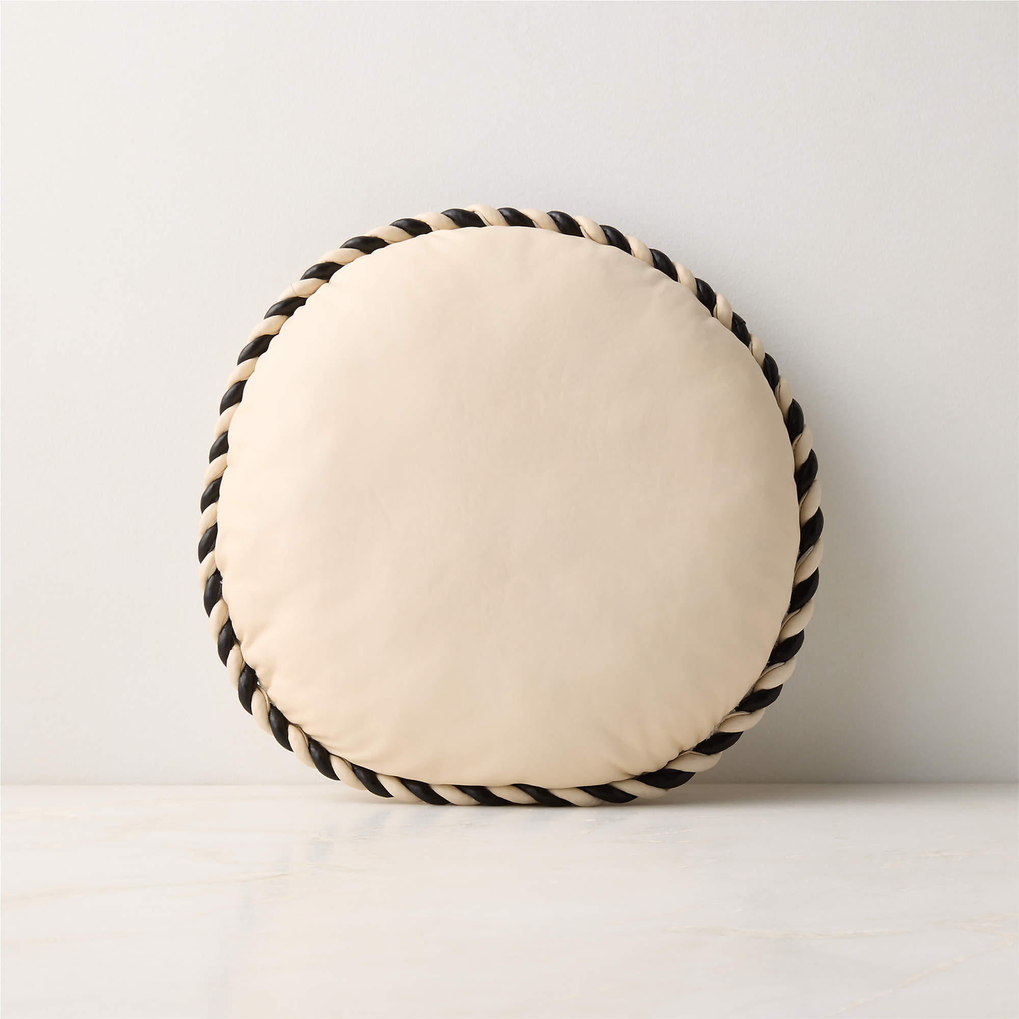 Marlon Warm White and Black Twisted Leather Round Throw Pillow 16" | CB2 | CB2