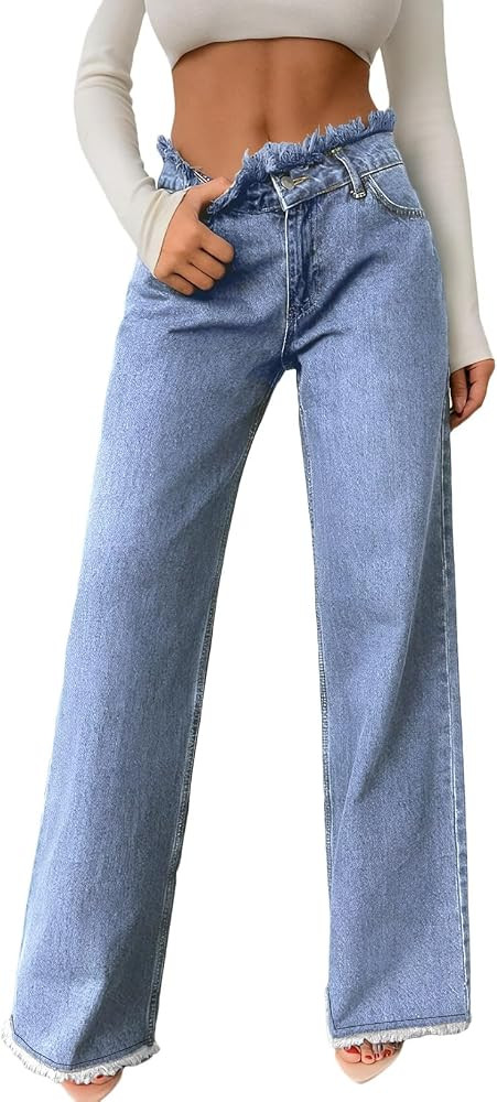 Astylish Womens High Waisted Raw Hem Jeans Stretchy Wide Leg Frayed Straight Denim Pants | Amazon (US)